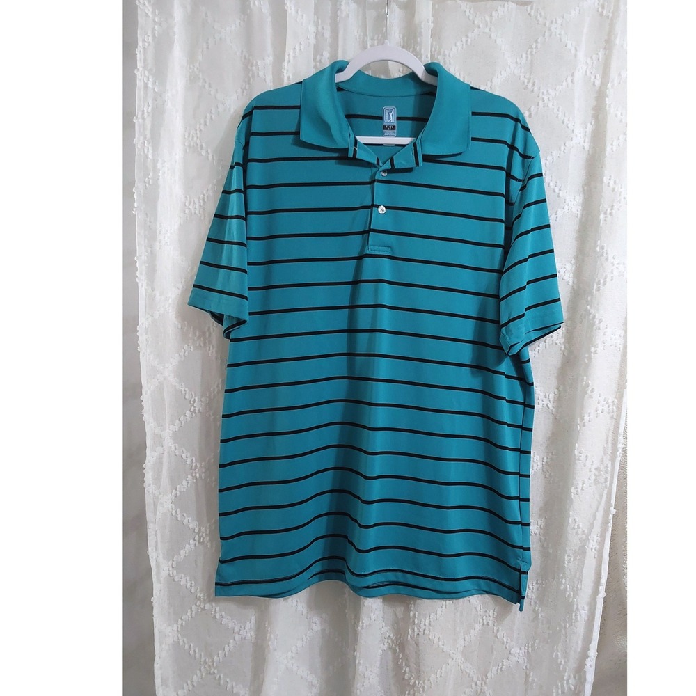 PGA Tour Mens XL Teal Black Striped Short Sleeve Golf Polo Shirt